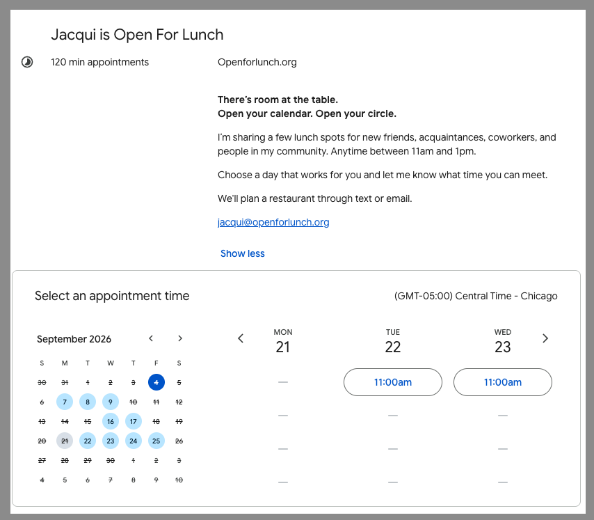 Example Open for Lunch Google Calendar booking page