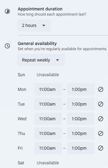Lunch duration and specific times